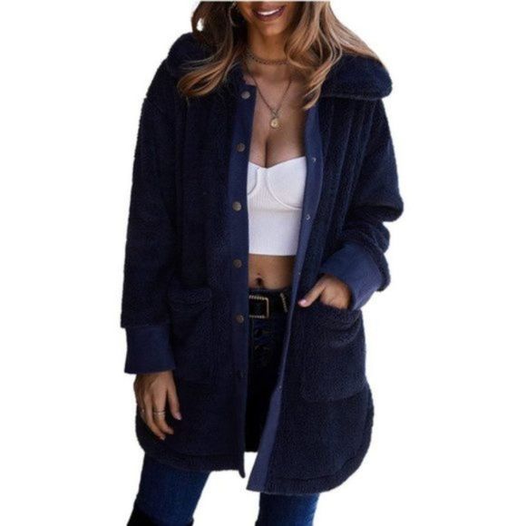 Women's Clau Fuzzy Jackets Faux Fleece Coat Dark Blue - Picture 2 of 5
